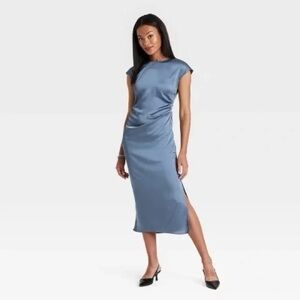 a new day Dusty Blue Satin Midi Dress